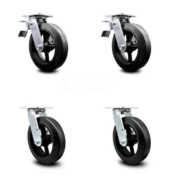 Service Caster 8 Inch Rubber on Steel Caster Set with Roller Bearing 2 Total Lock Brake SCC SCC-TTL30S820-RSR-2-S-2 - main